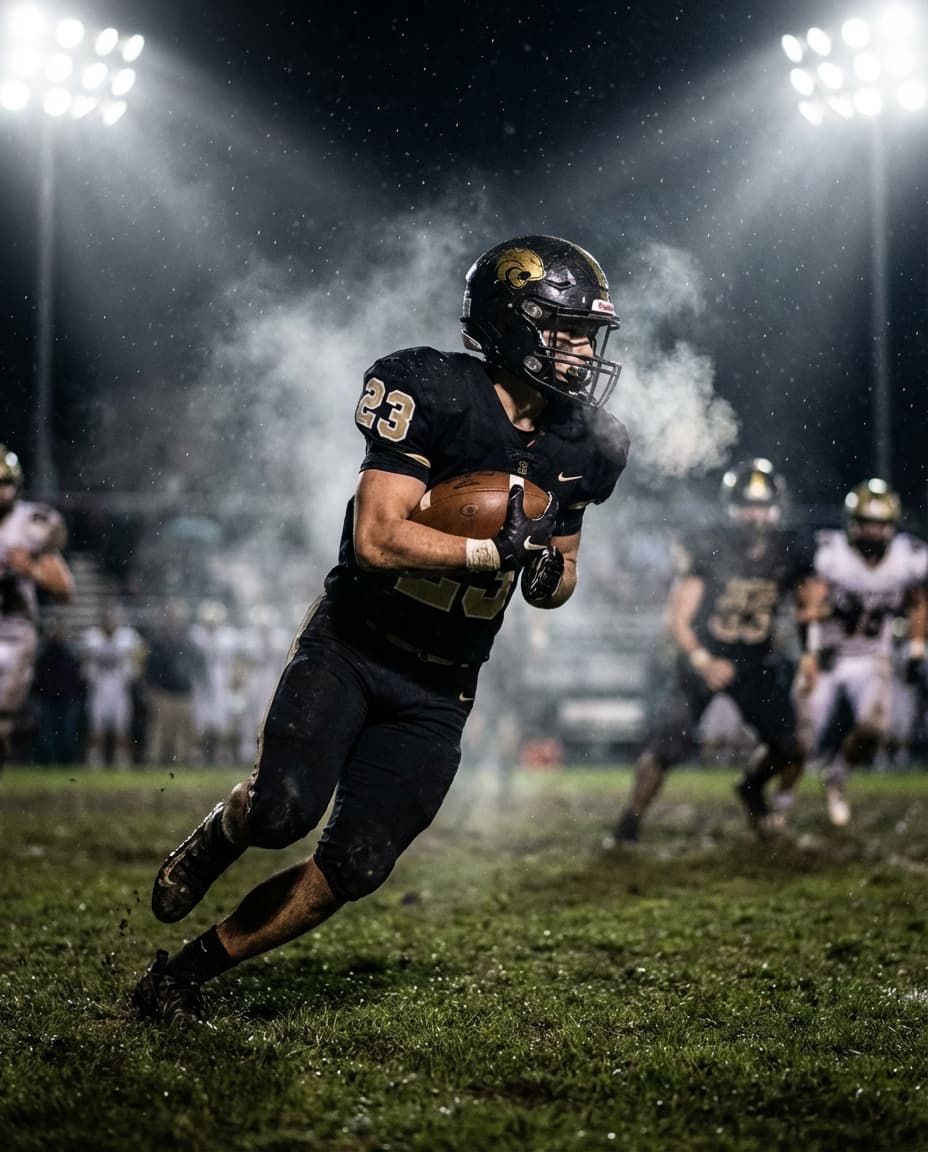 Athletic football player in action pose holding a ball with intense focus